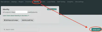 Head to the _Identity_ tab at the _top_ of the Netlify dashboard and then click the _Invite Users_ button.